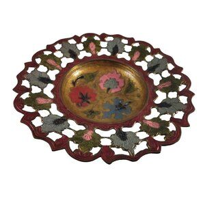 Vintage Ornate Brass Pedestal Bowl Inlaid Painted Floral Pattern Pierced Rim